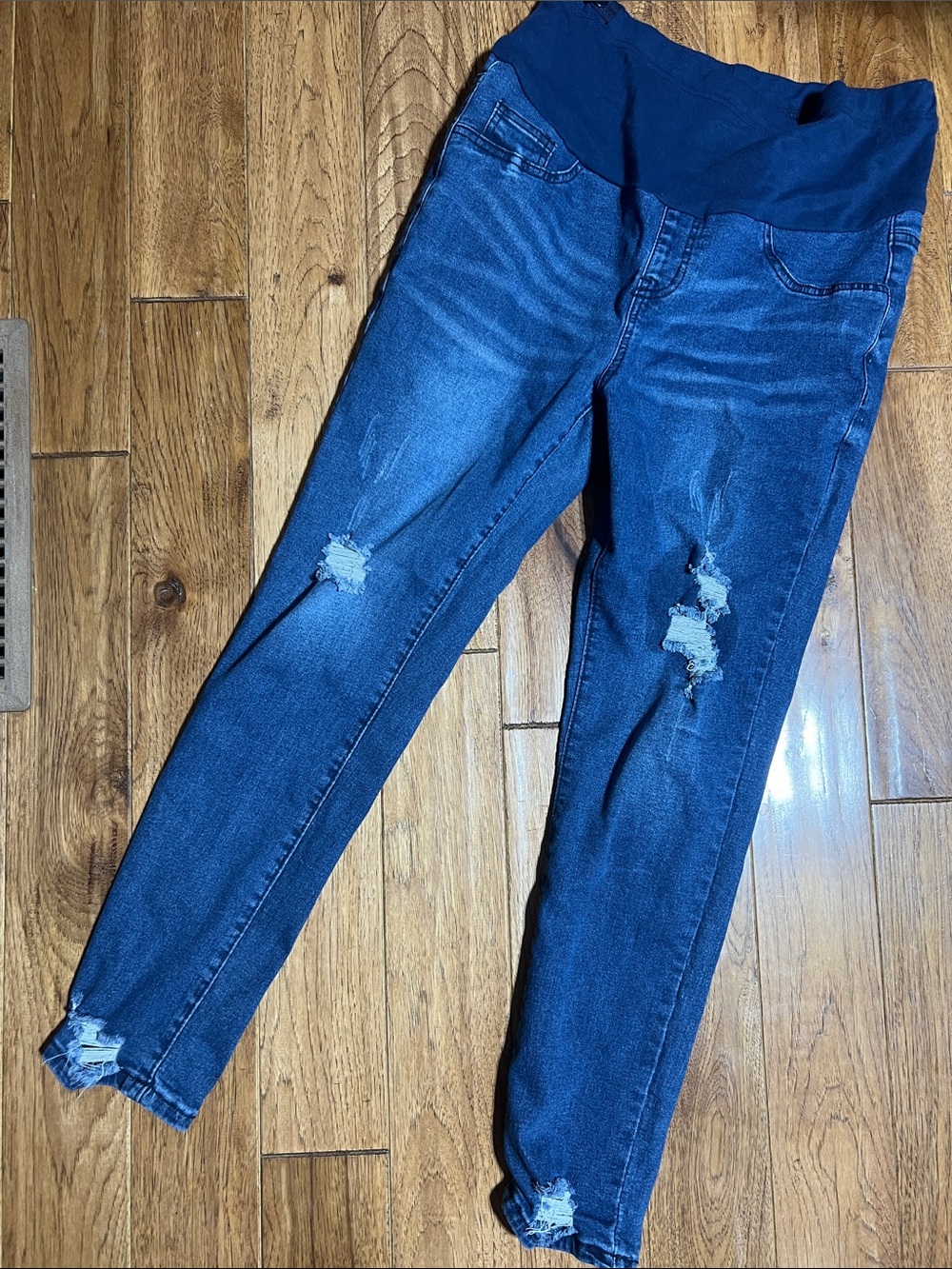 Maternity Dark Blue Distressed Skinny Jeans with Stretch Waistband